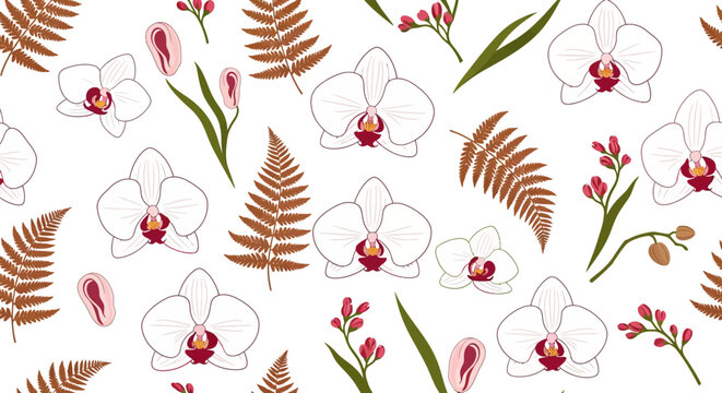 Elegant Orchid and Fern Botanical Illustration Pattern.