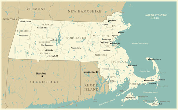 Massachusetts - detailed map with administrative divisions and cities. Vector illustration of US state