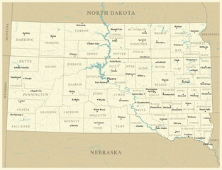 Naklejka premium South Dakota - detailed map with administrative divisions and cities. Vector illustration of US state