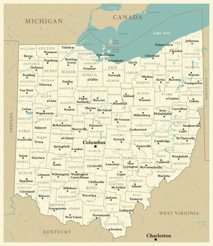 Ohio - detailed map with administrative divisions and cities. Vector illustration of US state