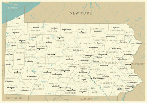 Pennsylvania - detailed map with administrative divisions and cities. Vector illustration of US state