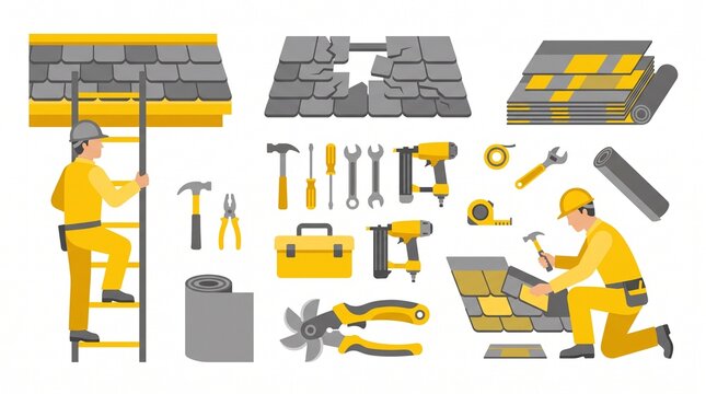 Professional Roofing Construction Services and Essential Maintenance Equipment Collection Illustration