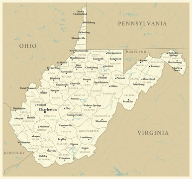 West Virginia - detailed map with administrative divisions and cities. Vector illustration of US state