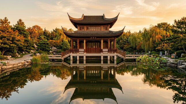 Traditional Chinese Garden Pavilion Reflecting in Calm Water at Sunset