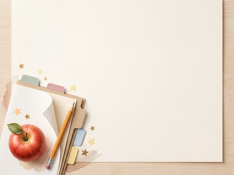 Back-to-school background with colorful notebook tabs and fresh apple copyspace notebook stationery education supplies academic learning classroom