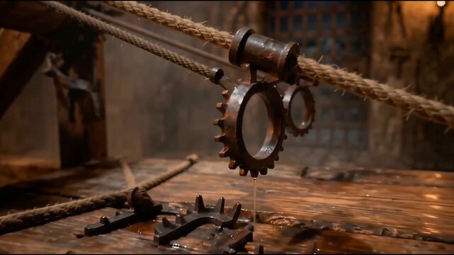 Strumento di tortura medievale all'interno di una cella sotterranea oscura con torce accese