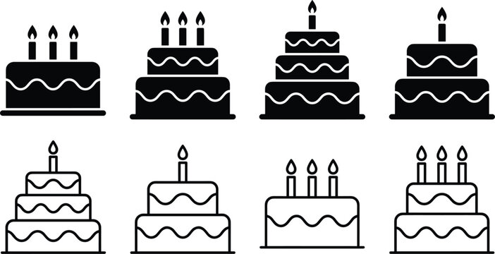 Birthday cake icon collection featuring celebration desserts candles party events and festive occasions