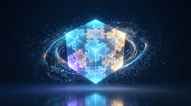 Abstract 3d glowing puzzle cube floating in digital space with circular light rings and particle effects