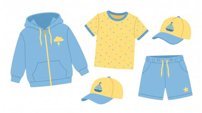 Colorful children's casual clothing set featuring a blue zip-up hoodie, yellow t-shirt, blue shorts, and yellow baseball cap vector illustration