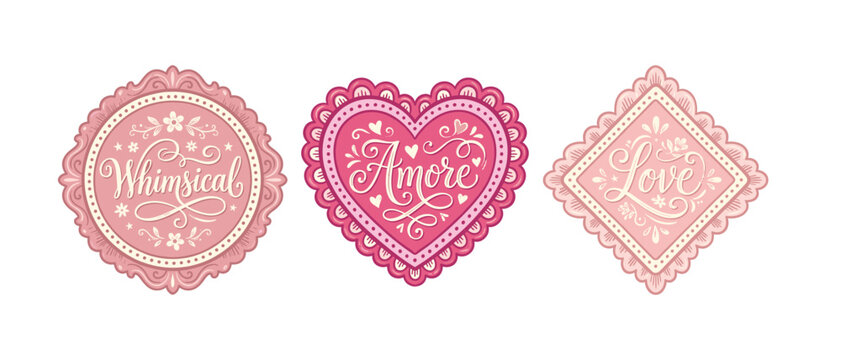Vintage hand drawn romantic typographic badge vector set. Featuring whimsical circle frame, amore heart emblem, and decorative love diamond label isolated on white background.