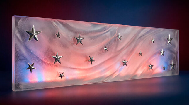 Silver stars on frosted glass with red glow