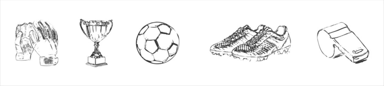 Hand drawn sketch collection of soccer ball, gloves, boots and trophy with dynamic ink line art illustration.