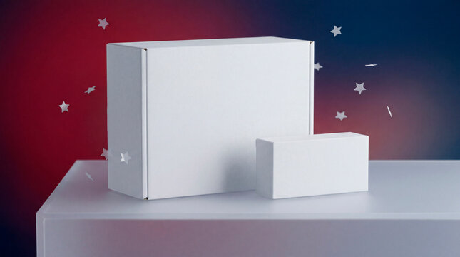 Blank white product boxes on patriotic backdrop