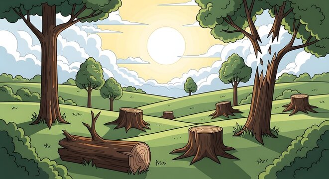 Deforestation in a green meadow with tree stumps. Environmental awareness and nature loss. Cut down trees in a field landscape with sunlight and broken logs