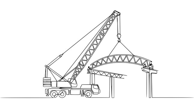 Crane lifting metal truss structure for building construction, line art illustration.