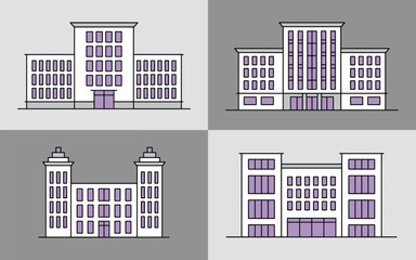 Fototapeta premium Professional collection of four flat line icons representing urban office buildings with clean lighting and organized layout.