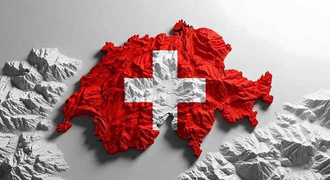 3D topographic map of Switzerland with flag. National geography and Swiss pride concept. Relief landscape model of Switzerland with textured terrain and flag