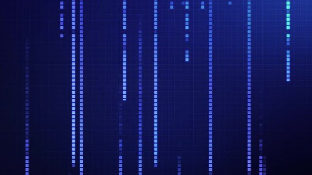 abstract  technology blue background with lights. glowing blue sqaure  falling like digital rain on a dark navy background.