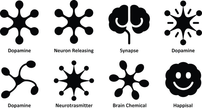 Black silhouettes of various neuroscience and neurology related symbols on white background