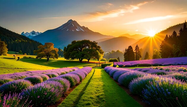Stunning landscape with lavender field at sunset. 