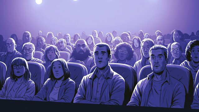 Mesmerized audience stares forward in dark purple movie theater.