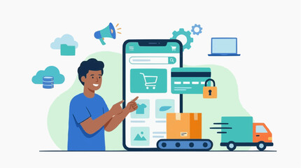 Fototapeta premium Man using mobile app for online shopping with delivery and secure payment options Isolated on white background