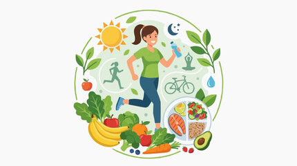 Fototapeta premium Healthy Lifestyle Concept With Woman Running Fruits Vegetables Exercise And Balanced Diet Isolated on white background