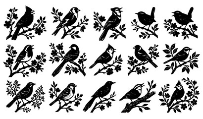 Fototapeta premium Bird Silhouette Collection Perched on Branches with Floral Leaves Decorative Nature Vector Illustration Set
