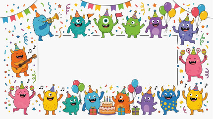 Fototapeta premium Happy Monsters Celebrating Birthday Party with Cake Balloons and Music Isolated on white background