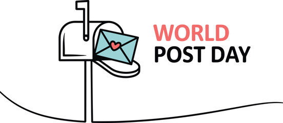 Fototapeta premium Minimalist line art illustration for World Post Day showing an open mailbox with a heart letter on clean white background.
