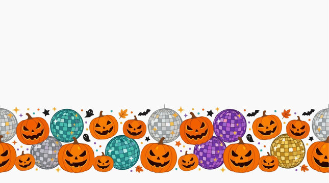 Halloween Disco Party Border with Jack O Lanterns and Disco Balls Isolated on white background