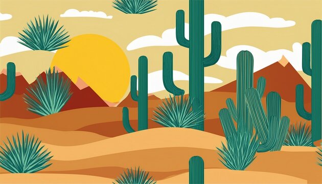 desert landscape pattern with cacti agave plants sun and mountains