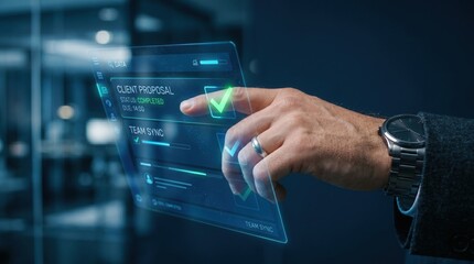 Fototapeta premium Businessman interacting with virtual client proposal on futuristic transparent screen