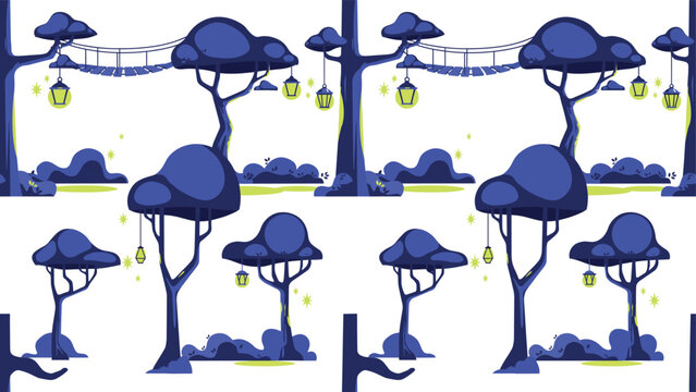 Magical Night Forest Seamless Pattern Background with Whimsical Trees, Hanging Lanterns, and Fireflies for Fantasy Game Assets, Fabric Textiles, and Wallpaper DesignsMagical Night Fores