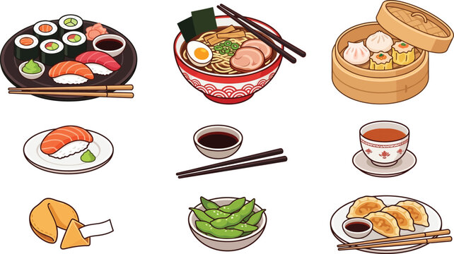 Set of asian food icons including sushi ramen dim sum and edamame illustration with dumplings chopsticks japanese