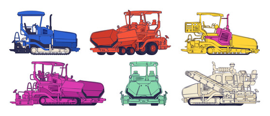 Obraz premium Asphalt paver vector illustration set for road construction machinery. Flat icon collection of heavy industrial equipment, including paving machine vehicles isolated on white background graphic sets.