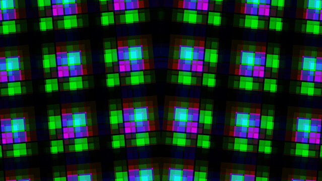 Motion tartan moire Abstract Geometric Pattern of Glowing Neon Squares in Repeating Kaleidoscopic Grid Formation