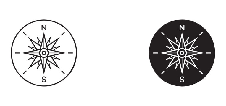 Compass rose navigation symbol with north south east west directions for travel and orientation  two black and white compasses with lines for directions