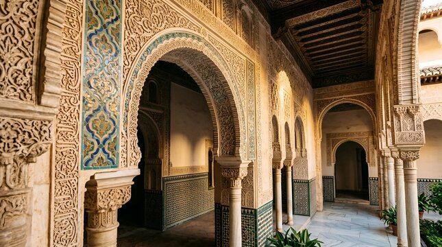 Intricate Moorish arches and tile work in historic Spanish courtyard, sunlit.