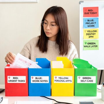 Woman Using Color-Coded Organization System