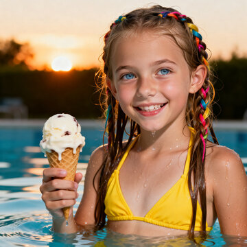 A joyous young girl with bright blue eyes and colorful braided hair smiles while holding a melting ice cream cone in a swimming pool at sunset.
