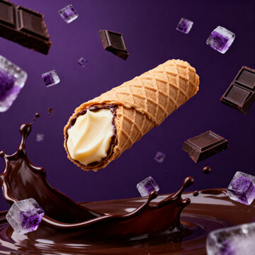 Dynamic Waffle Roll with Cream Filling, Dark Chocolate Chunks, and Purple Ice Cubes Splashing into Melted Chocolate
