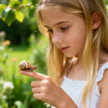 Young Blonde Girl Gently Holds a Garden Snail on Her Finger, Observing Nature with Curiosity in a Bright Outdoor Setting