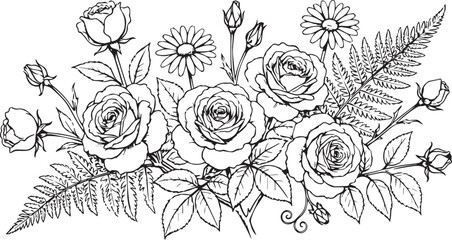Fototapeta premium Vintage floral line art bouquet, hand drawn rose and daisy botanical illustration, black and white garden flower vector for wedding invitations