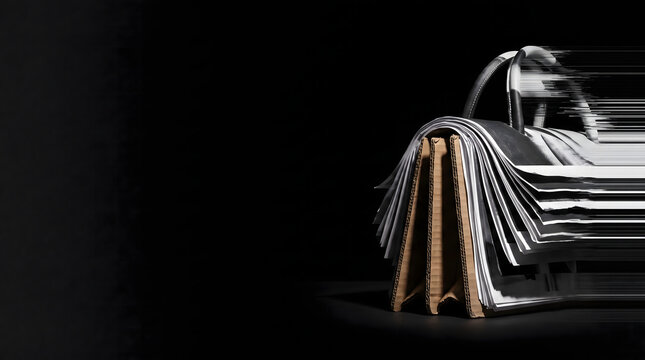 Abstract handbag made from crumpled paper and cardboard with glitch effect on dark background.