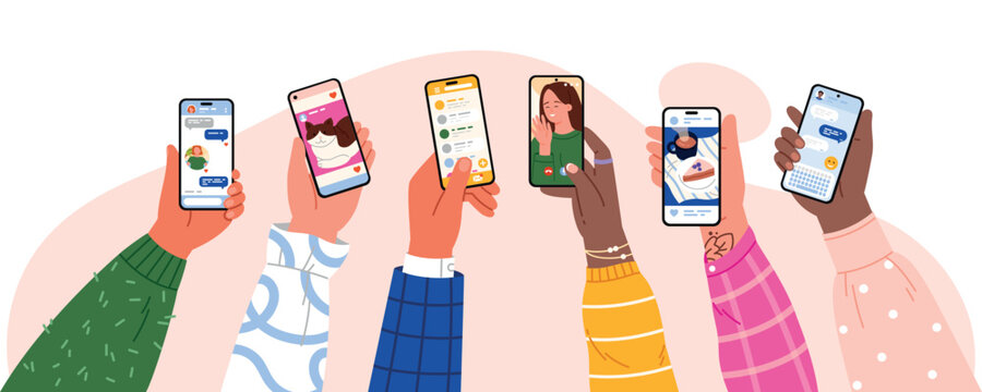 Diverse hands holding smartphone screens with chat, pet photo, contact list, video call, food post and messaging icons isolated on white background vector illustration