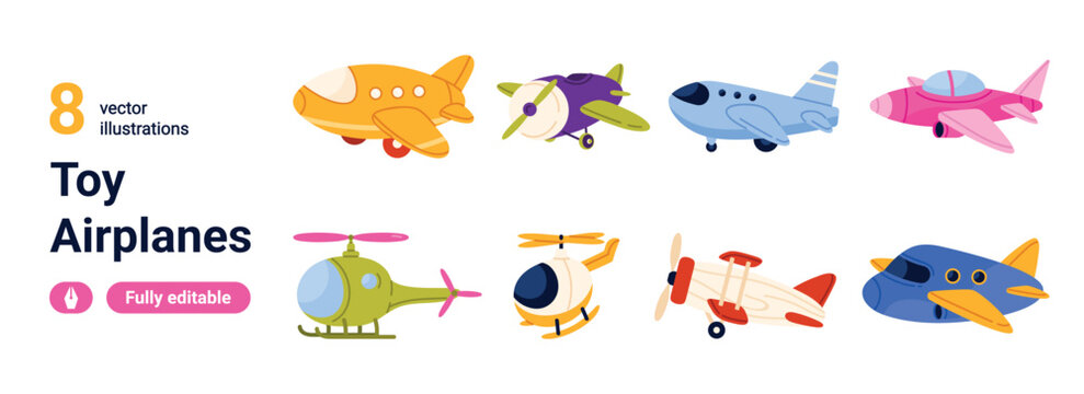 Cute toy airplanes collection with colorful cartoon aircraft, helicopter and propeller plane icons for kids transport themes isolated on white background vector illustration