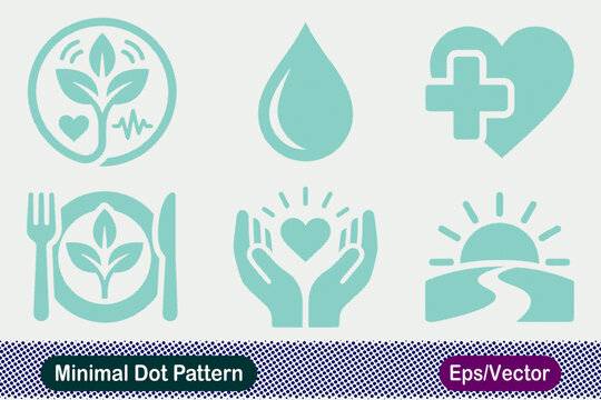 Vector icon set of minimal health and wellness icons with a dot pattern texture, including symbols for plantbased nutrition, hydration, medical care, healthy eating, care and support, and sunrise