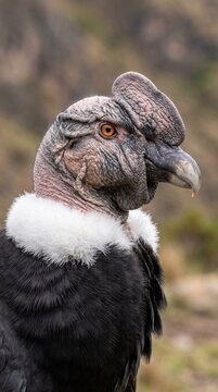 Close-up of Andean condor with distinctive red eyes and crested head, showcasing its striking black and white feathers in natural habitat