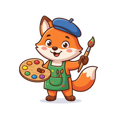 Fototapeta premium Cute Fox Artist with Palette and Brush, Cartoon Character, Creative Fox Painting
